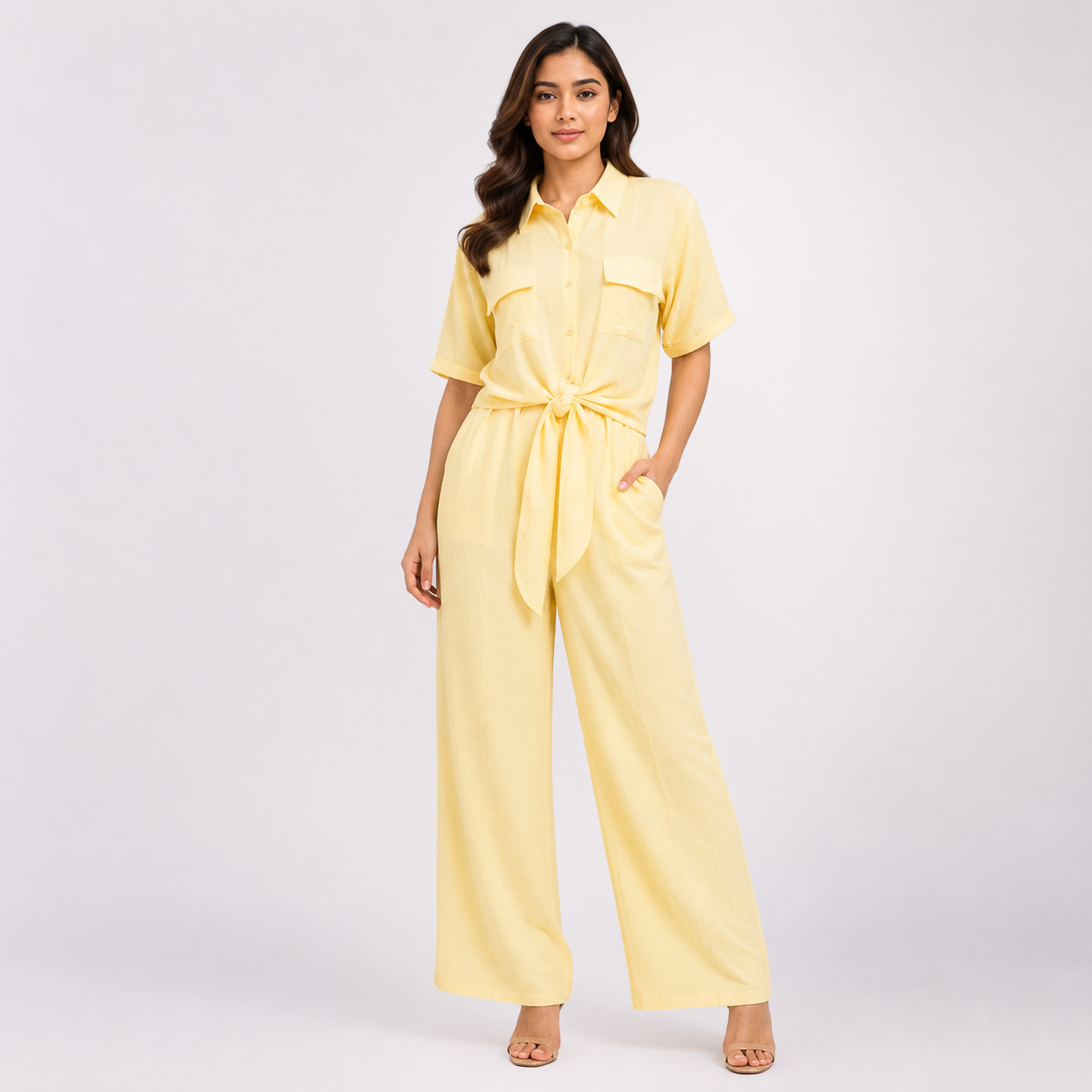 Light Yellow Tie-Waist Wide-Leg Jumpsuit | Stylish Casual Summer Outfit