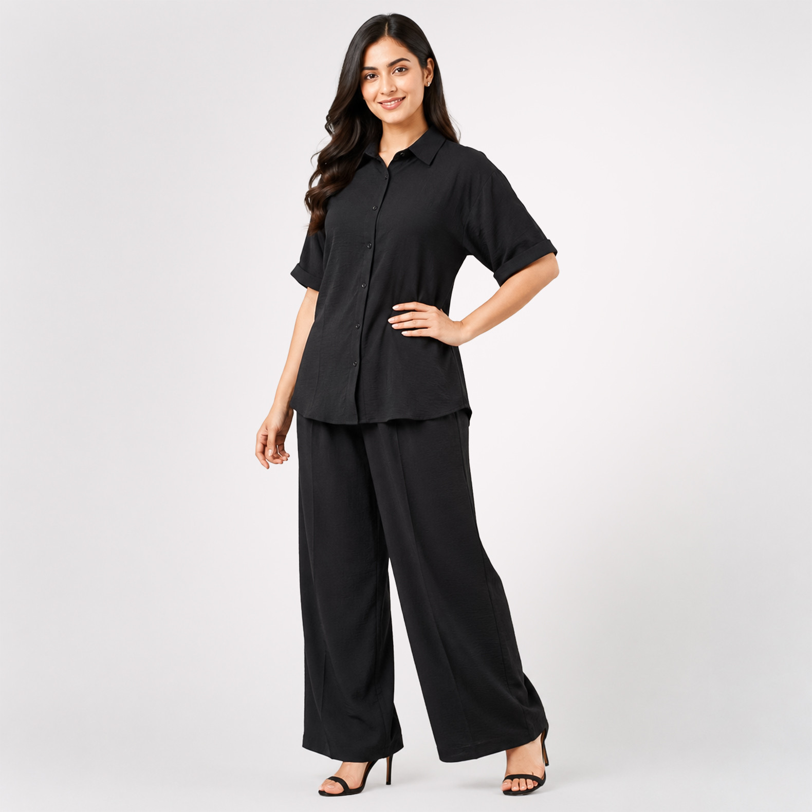 Black Shirt & Wide-Leg Pants Co-Ord Set
