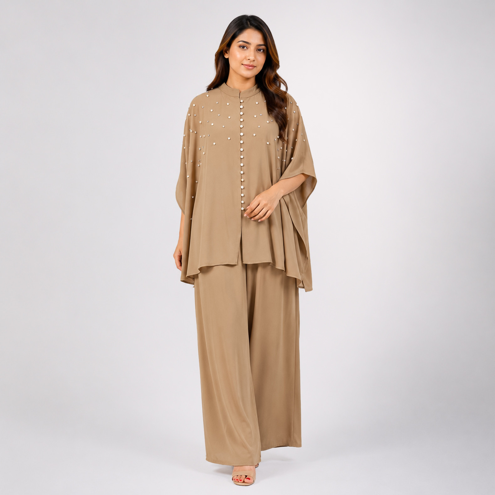 Premium Taupe Embellished Cape Style Co-Ord Set