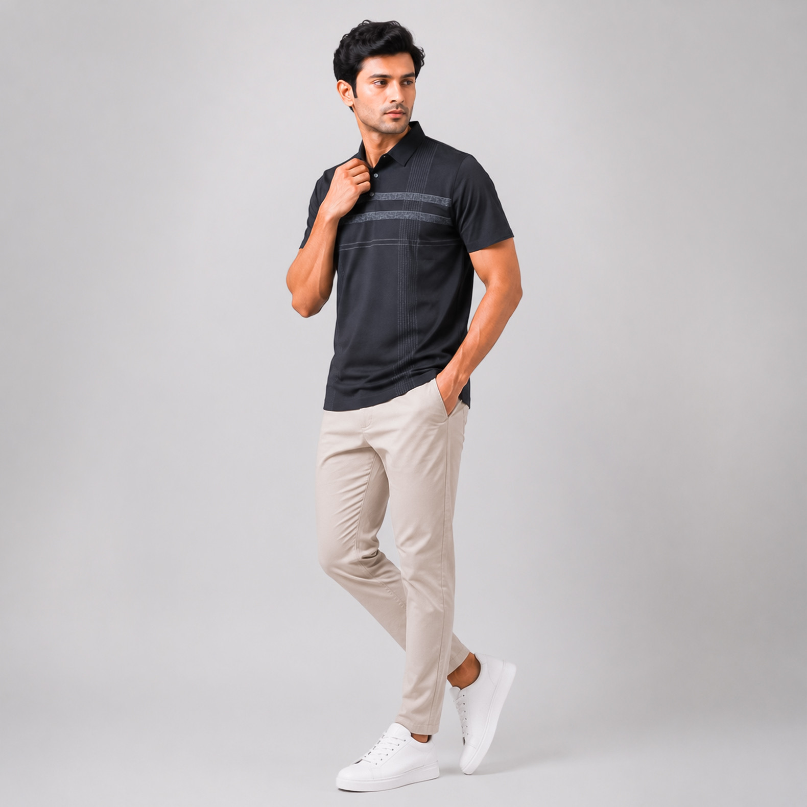 Black Contrast Stripe Polo T-Shirt for Men | Smart Casual Style