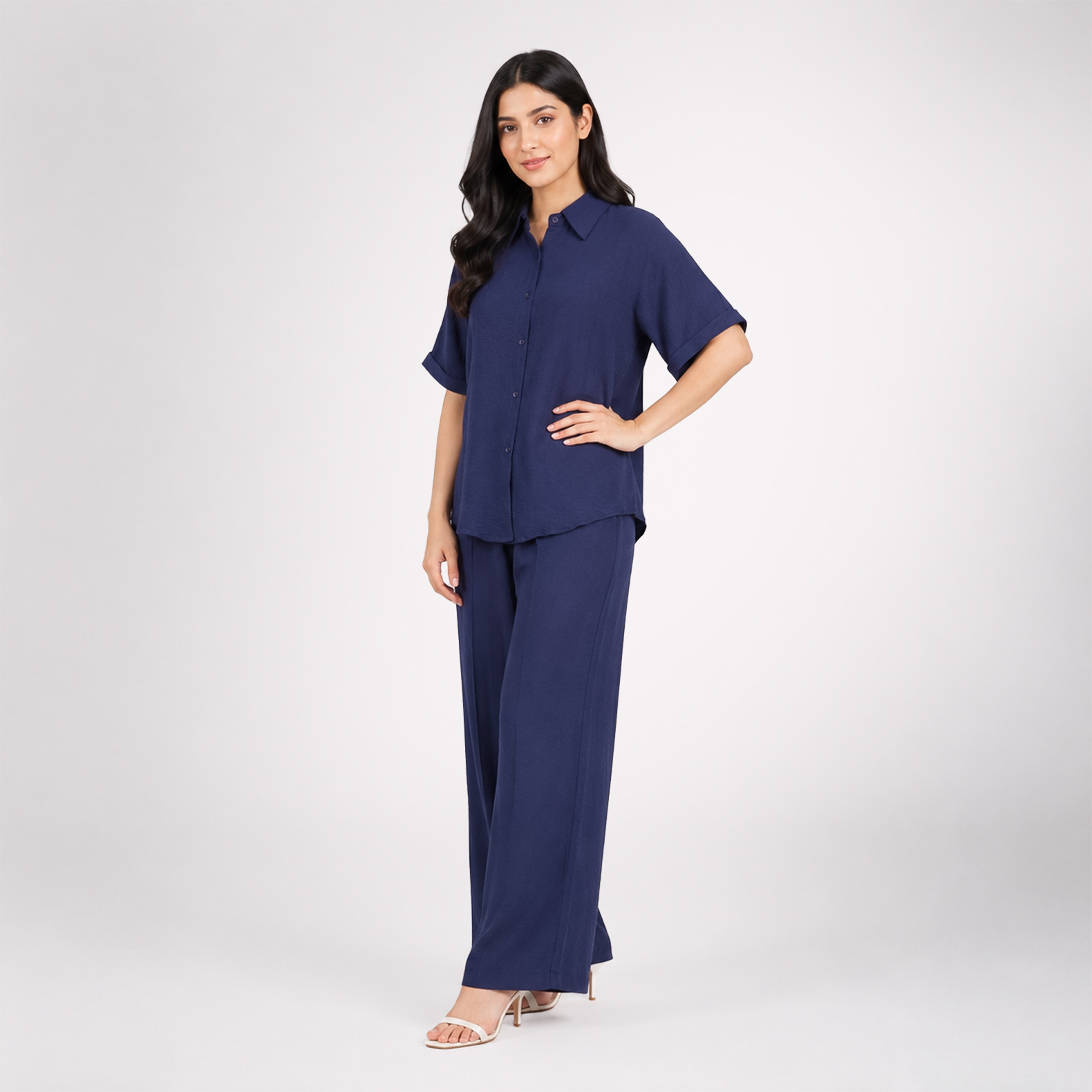 Women’s Navy Blue Shirt & Wide-Leg Pants Co-Ord Set