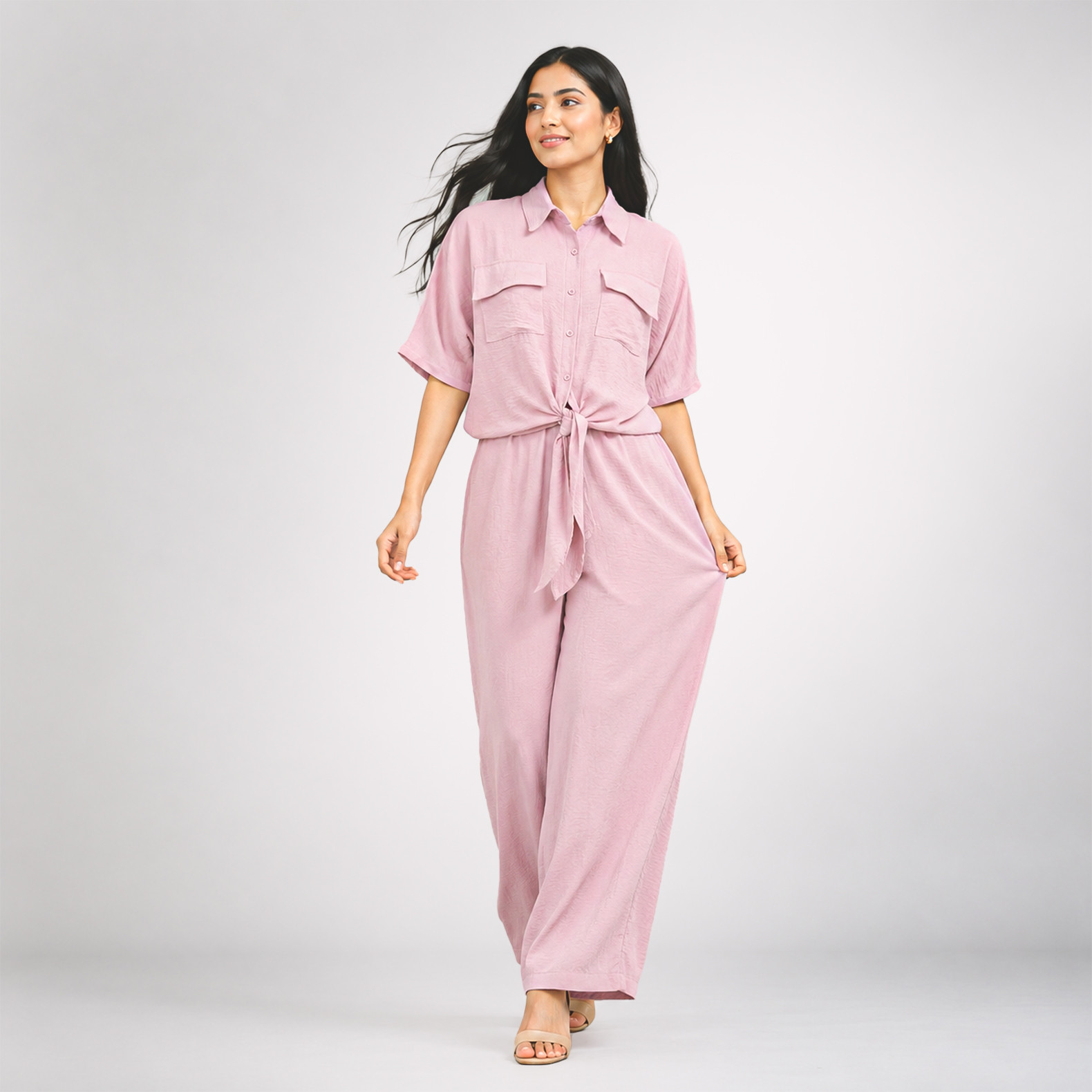 Women’s Soft Pink Casual Top & Wide-Leg Pants Co-Ord Set