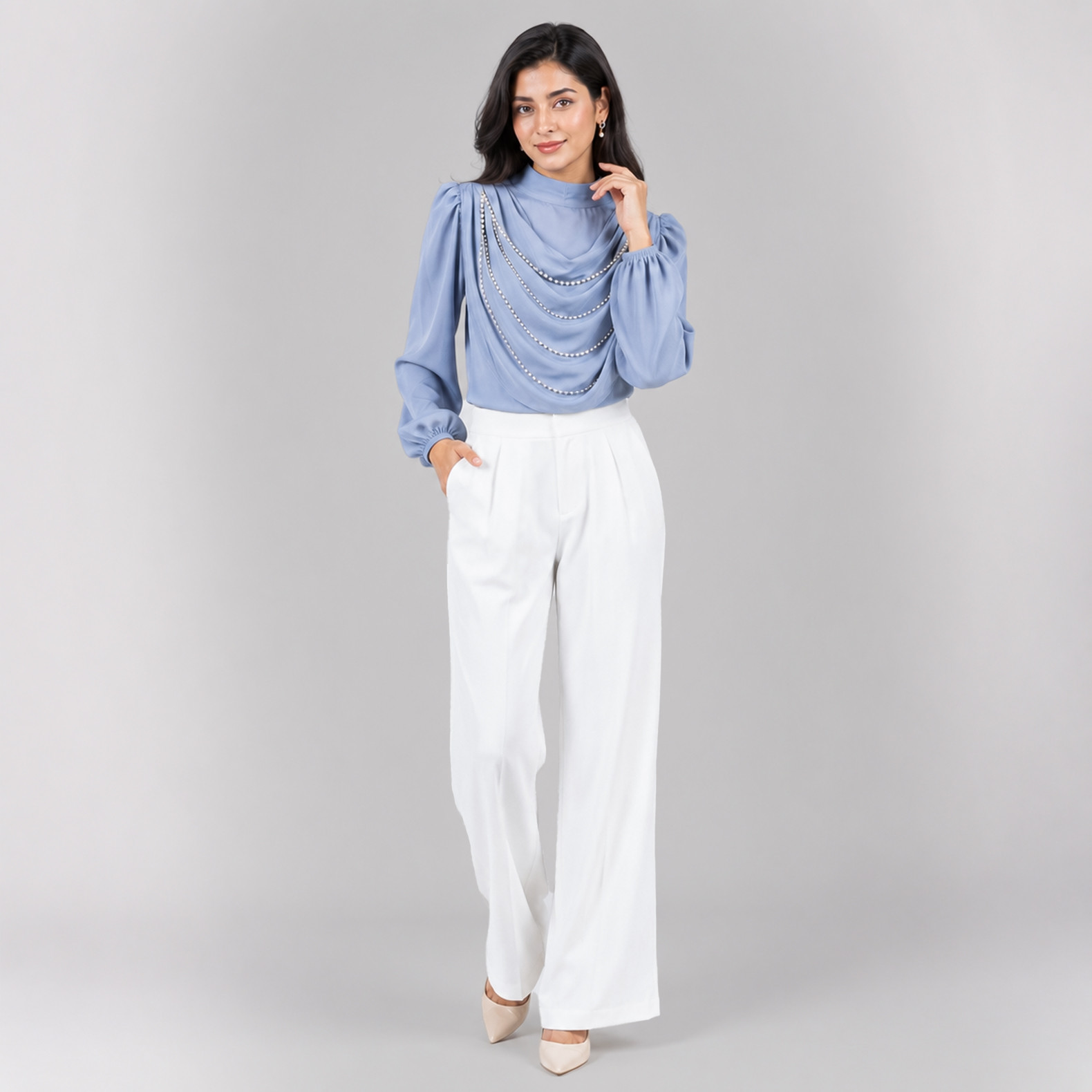 Elegant Blue Draped Neck Embellished Long Sleeve Top Elegant Blue Draped Neck Embellished Long Sleeve Top Elegant Blue Draped Neck Embellished Long Sleeve Top Elegant Blue Draped Neck Embellished Long